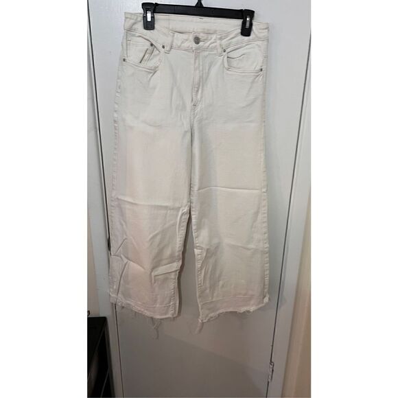 & Denim Women's High Waist Raw Cut Wide Leg Crop Pants White Light Wash Size 31 - Picture 1 of 12